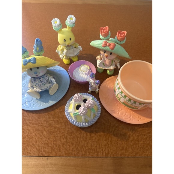 Vtg TEA BUNNIES Lot Tea Cup Saucers Hats, Little Bunny Tulip